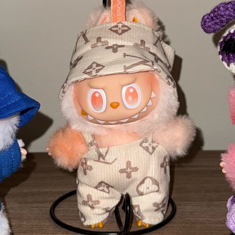 Cream Patterned Labubu Clothes Set - LV Beige Overalls and Beanie